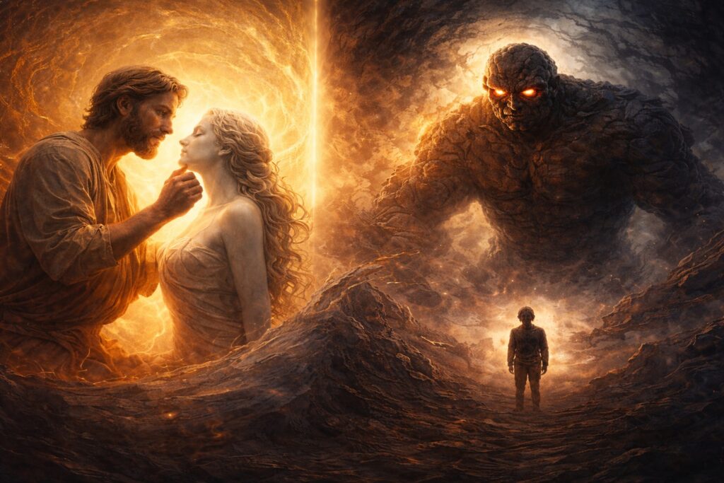 O olhar que recebemos pode expandir a vida psíquica — ou restringi-la. Neste artigo, exploramos como as expectativas do outro moldam profundamente a experiência humana, articulando dois conceitos da psicologia social: o Efeito Pigmaleão, que eleva, e o Efeito Golem, que rebaixa. A partir de mitos, pesquisas clássicas e da clínica junguiana, refletimos sobre o poder criativo ou destrutivo do olhar que incide sobre o sujeito. No setting analítico, essa dinâmica se manifesta na forma como o terapeuta sustenta — ou limita — a emergência do Self. Enquanto o olhar pigmaleônico favorece o florescimento da potência psíquica, o olhar golem pode cristalizar defesas, sintomas e identificações empobrecidas. O texto convida, assim, a uma pergunta ética e clínica fundamental: que imagem ajudamos a esculpir no outro — e em nós mesmos? Afinal, o olhar que reconhece o “suficientemente bom” não apenas vê: ele cria condições para que a vida se torne mais inteira.