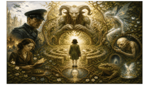 No filme “O Labirinto do fauno” (2006), a trajetória de Ofélia, interpretada pela atriz Ivana Baquero, pode ser compreendida como um processo simbólico de individuação, onde o sofrimento é ressignificado por meio de uma escolha ética. Ofélia não foge do mundo, ela o atravessa por dentro, transformando a dor em uma escolha que dá sentido ao caos. Em vez de evasão da realidade, observa-se uma integração psíquica que a reconcilia com a brutalidade do mundo externo. No labirinto, não há fuga, mas um retorno à própria alma.